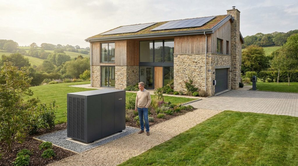 Maison moderne en pierre et bois avec toit végétalisé, panneaux solaires et grande pompe à chaleur à l'extérieur. Un homme se tient à côté, devant un paysage verdoyant.
