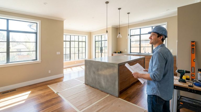 Un expert Avenir Rénovations, casque et plans à la main, sourit dans une cuisine moderne en cours de rénovation.