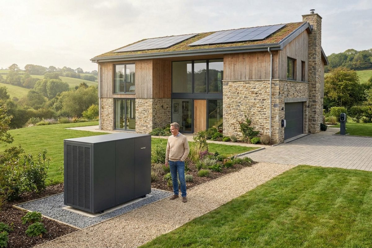 Maison moderne en pierre et bois avec toit végétalisé, panneaux solaires et grande pompe à chaleur à l'extérieur. Un homme se tient à côté, devant un paysage verdoyant.